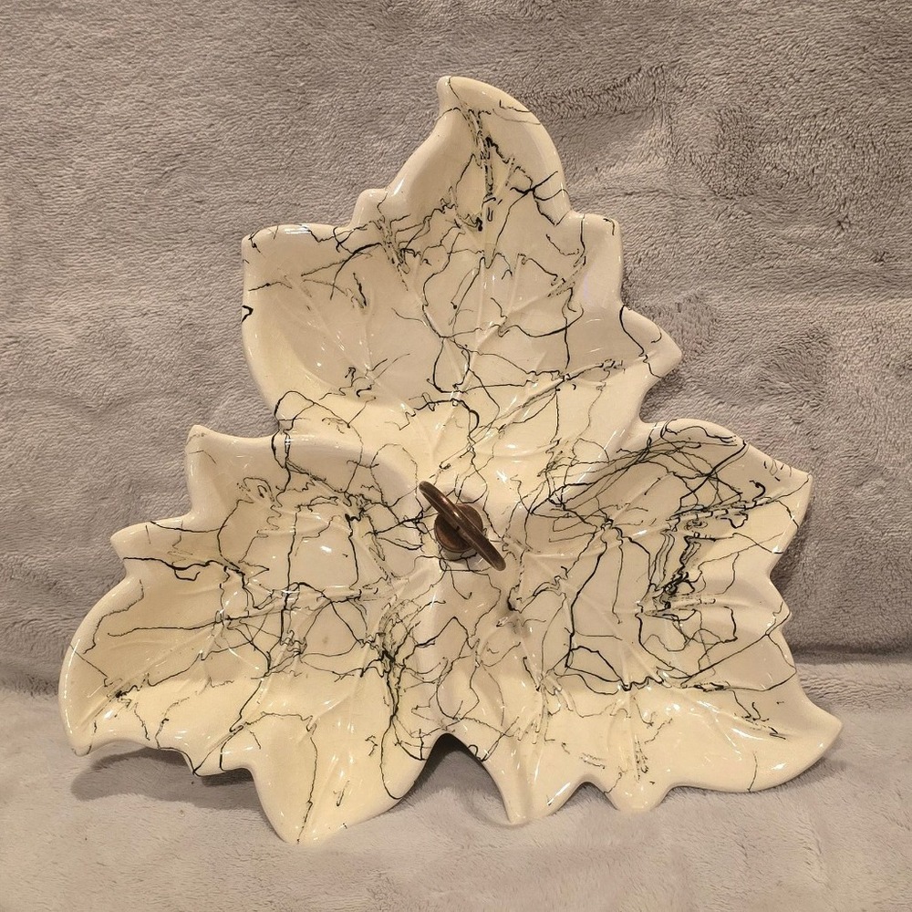 Vintage Ceramic Leaf Divided Serving Tray White Black Splatter Metal Ring Handle